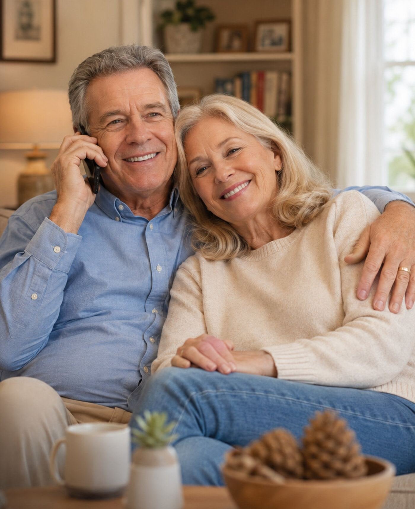 Husband and wife at home, calling Senior Peace Care together, feeling relaxed and reassured